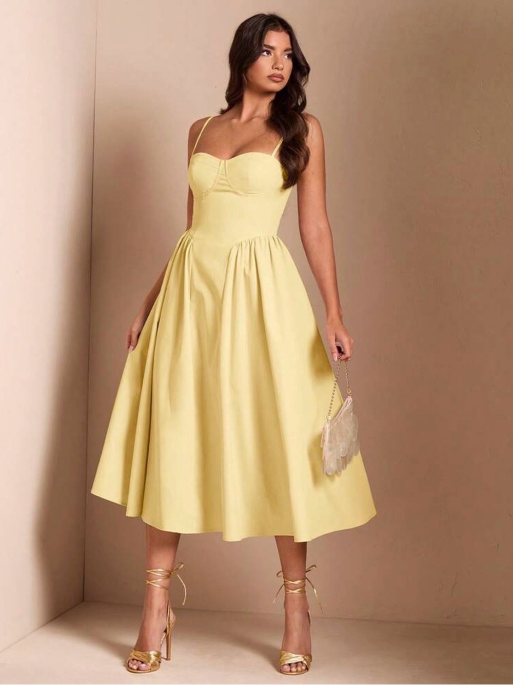 Elegant Yellow Fit-and-Flare Midi Dress with Spaghetti Straps